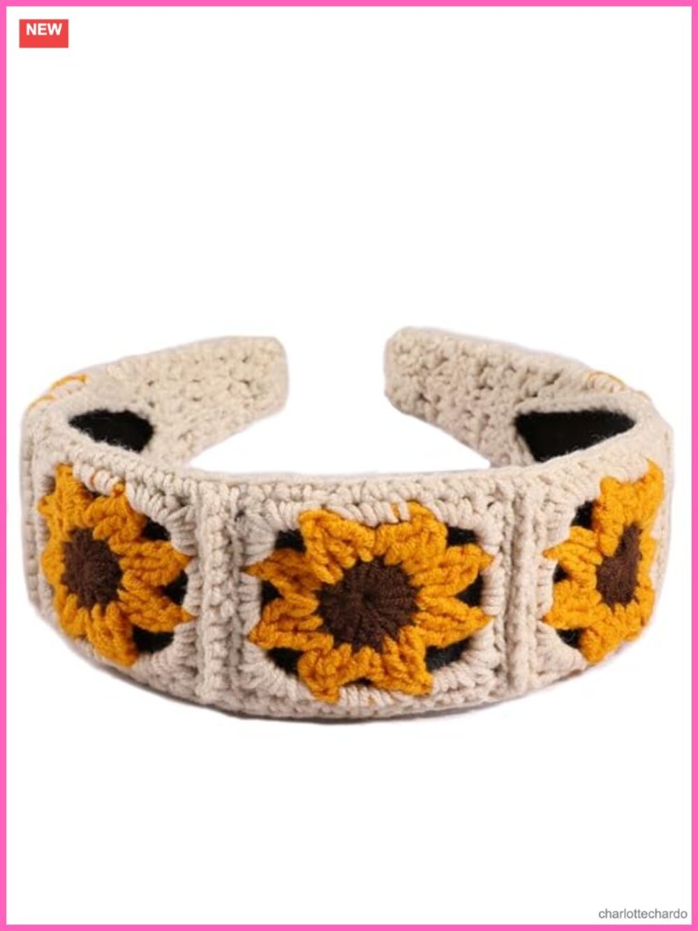 Crochet Headband Women Handmade Sunflower Checkered Boho Hair Accessory